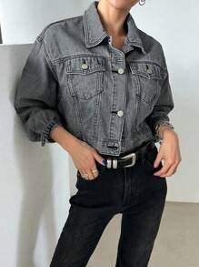 DAZY Drop Shoulder Crop Denim Jacket,Back To School Clothes - Grey - View 3