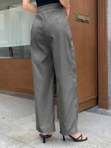 DAZY 女士纯色褶皱阔腿宽松休闲裤，商务休闲，返校服，教师裤 - 淺灰色 - 查看 2