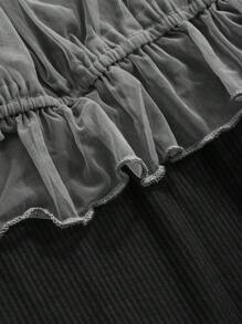 FRIFUL Women's Contrast Mesh Ruffle Hem 2 In 1 T-Shirt Long Sleeve Women Tops - Black - View 6