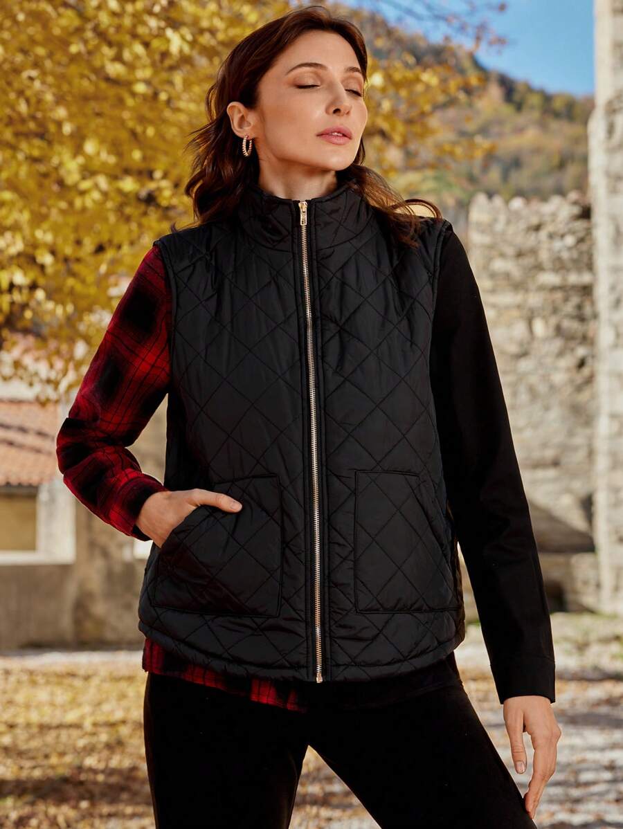 SHEIN LUNE Dây kéo Chần Áo vest - màu đen - Xem 1