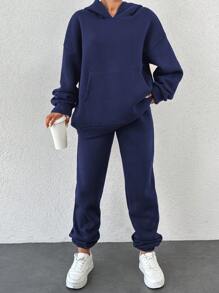 EURMUSE Conjunto de dos piezas con sudadera con capucha y pantalón de chándal de hombros caídos con bolsillo canguro - Azul Marino - Ver 4