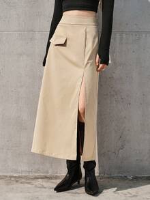BizChic 女用翻蓋裝飾高開叉半身裙 - 卡其色 - 查看 7