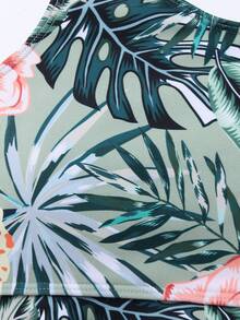 Teens' 2pcs/Set Tropical Floral Printed Ruffles Crinkled Beach Vacation Separated Tank Top And Tankini Bottom With Ruffle Edges - Green - View 3