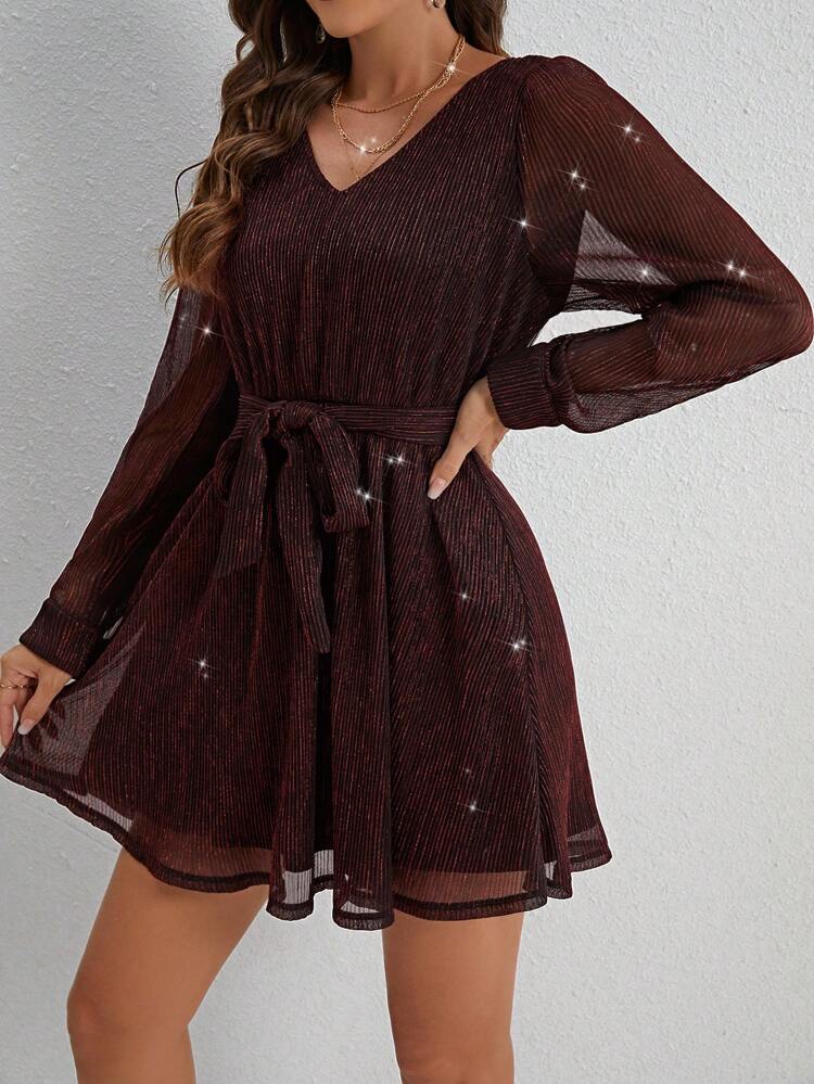 Women'S V-Neck Belted Dress