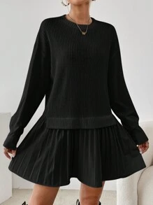 SHEIN Essnce Quý cô Màu thuần Viền xếp Đầm - màu đen - Xem 1