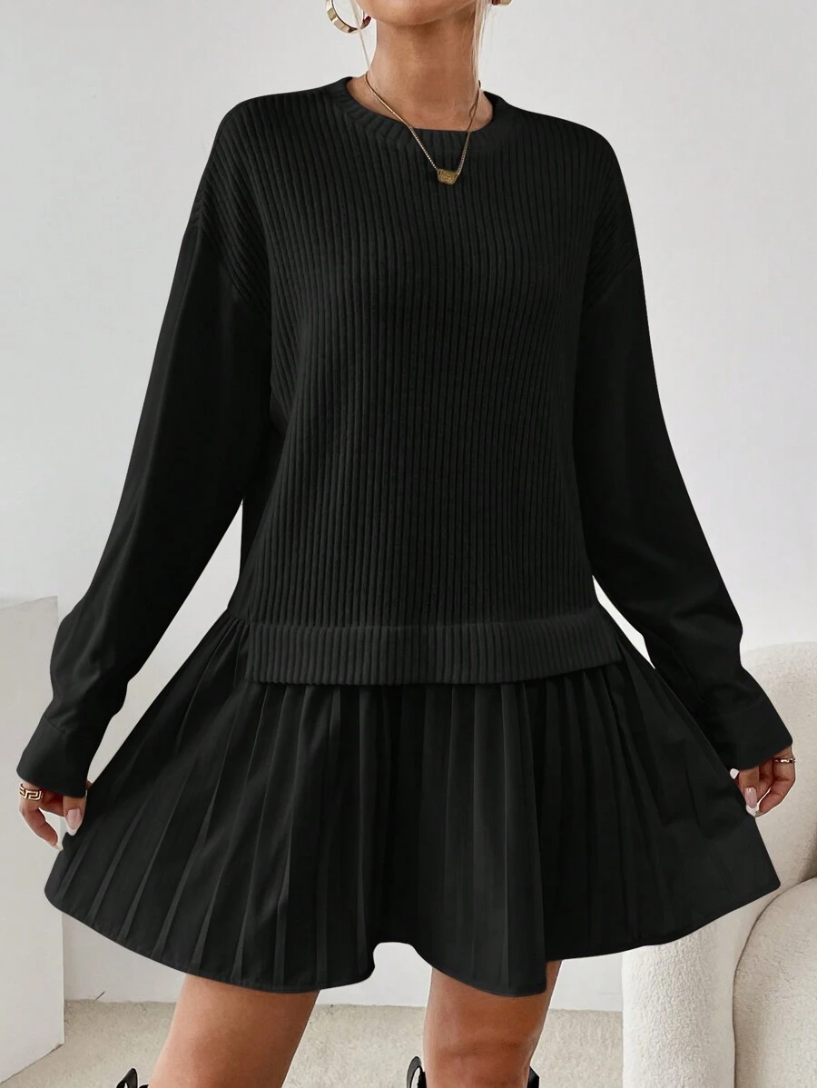 SHEIN Essnce Quý cô Màu thuần Viền xếp Đầm - màu đen - Xem 1