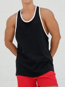 Manfinity Fitness 男士字母印花色塊運動背心，運動上衣 - 黑色 - 查看 2