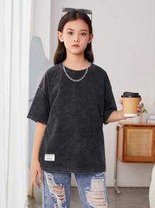 SHEIN 少女運動風和涼爽的針織短袖t恤,採用圓領設計 - 黑色 - 查看 5