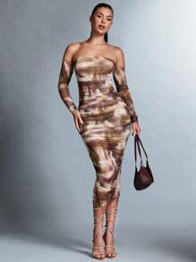 SHEIN BAE Tie-dye Pleated Off Shoulder Dress - Multicolor - View 6