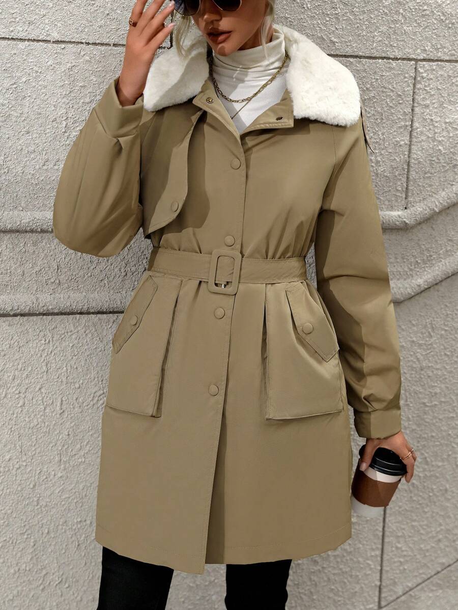 SHEIN Unity Áo khoác kaki cổ lông có đệm lót Quần áo mùa đông có túi bên hông - Màu Khaki - Xem 1