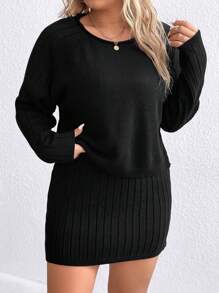 SHEIN LUNE Plus Size Solid Color Sweater Set - Black - View 5
