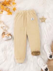 SHEIN Little Girls' Letter Print Fleece Joggers - Apricot - View 1