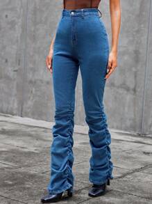 SHEIN Essnce Women's Denim Pants With Folded Hem - Medium Wash - View 3