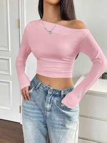 SHEIN Unity 不對稱領短款T恤 - 粉色 - 查看 4