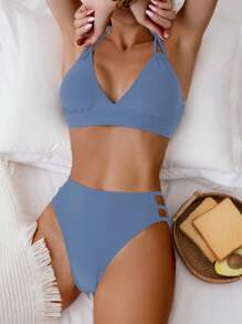SHEIN Swim Solid Cutout Detail Bikini Set,Summer Beach - Baby Blue - View 7