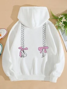 SHEIN EZwear 女士帶蝴蝶結印花連帽毛絨衛衣 - 白色 - 查看 5