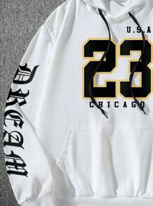 Manfinity LEGND 男士字母印花羊毛连帽衫，带抽绳，人物，外出，男朋友礼物，返校服装，运动衫 - 白色 - 查看 3