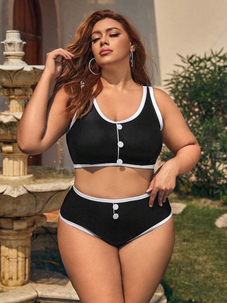 Summer Plus Size Color Block Bikini Set With Edging & Button Detail