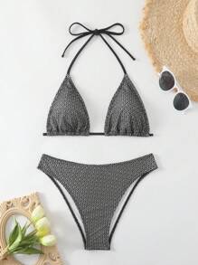 SHEIN Swim Conjunto de bikini con cuello halter de copa triangular con estampado total, estilo vacacional festival de música verano playa - Negro - Ver 1