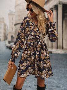 SHEIN Clasi Floral Print Overlap Collar Bishop Sleeve Belted Dress Fall Cloth For Women
