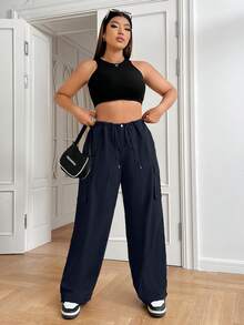 SHEIN EZwear 大尺碼女款束腰貨物褲 - 藏蓝色 - 查看 5