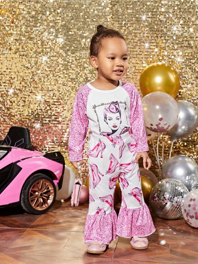 2pcs Baby Girls Princess Printed Long Sleeve Top And High Heel Shoe Printed Flared Pants Cute Daily Outfit For Spring
