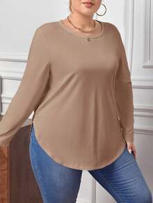 SHEIN LUNE Women's Plus Size Round Neck Long Sleeve Casual Striped T-Shirt, Fall Women Clothes - Apricot - View 4