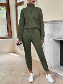 SHEIN LUNE Zippered Half Placket Hoodie And Pants Set - Army Green - View 1