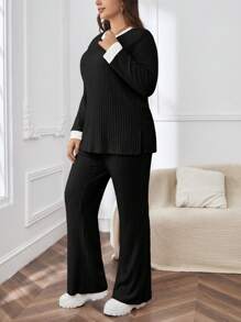 SHEIN Essnce 加肥碼拼接邊緣長袖休閒2入組 - 黑色 - 查看 4