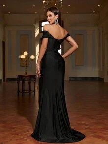 Faeriesty Vestido de haeriety con hombros descubiertos, hombros descubiertas y fruncido en contraste - Negro - Ver 3