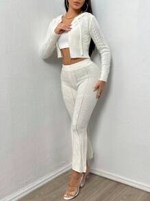 Zolique Frauen Reißverschluss Front Kapuze Cardigan Und Pullover Hose Set