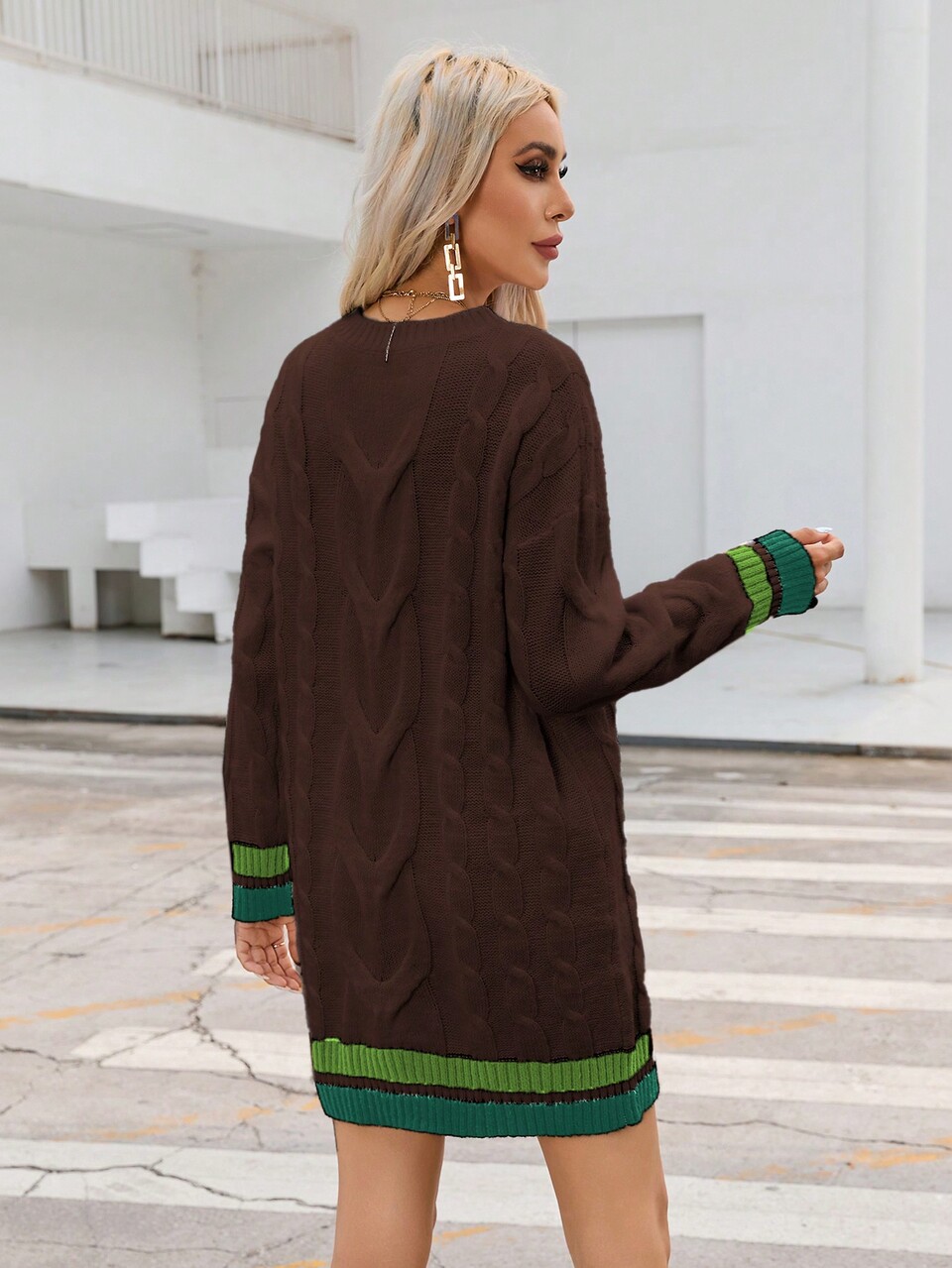 Patchwork Cable Knit Sweater Dress With No Waist Belt Included