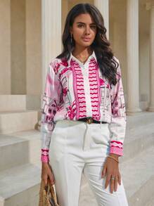 SHEIN Privé 印花拼接長袖襯衫 - 玫紅色 - 查看 1