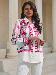 SHEIN Privé 印花拼接長袖襯衫 - 玫紅色 - 查看 7