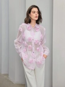 Anewsta Áo sơ mi lưới mỏng dài tay họa tiết hoa hồng 3D cho nữ - Màu Hồng baby - Xem 9