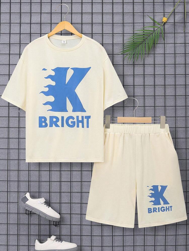 Teen Boy Casual Loose English Pattern Short-Sleeved Top And Shorts Suit