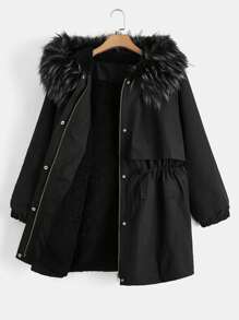 Flirla Plus Fuzzy Trim Drawstring Waist Hooded Parka Padded Coat, For Winter Clothes - Black - View 5