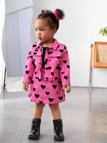 SHEIN 嬰兒女孩休閒愛心圖案長袖上衣搭配彈性腰裙套裝