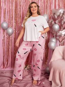 Kích thước lớn Môi & Son môi & Tim & Lá thư In Giải trí Ngắn tay Áo thun Và Quần Trang phục mặc nhà Bộ - Nhiều màu - Xem 2