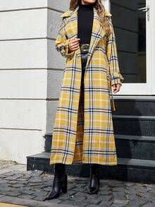 EURMUSE 女式格紋落肩腰帶羊毛大衣,落肩襯衫領設計 - 杏色 - 查看 3