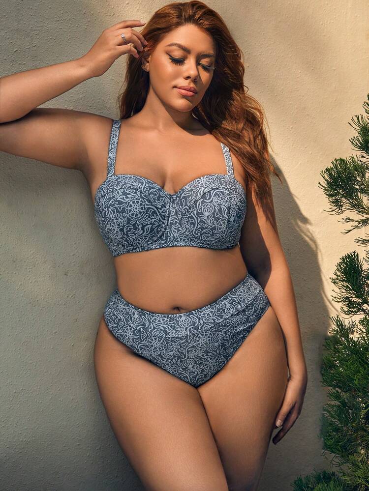 Plus Size Full Print Pattern Bikini Set Summer