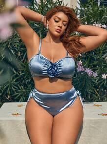 SHEIN Swim Curve 大码女式高腰比基尼泳裤，带可调节肩带，夏季 - 藏蓝色 - 查看 3