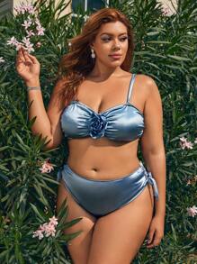 SHEIN Swim Curve Top de bikini fruncido con flor 3D talla plus para verano - Azul Marino - Ver 4