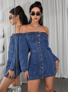 SHEIN ICON Vestido Jeans Feminino Sem Ombros - Azul - Visão 1