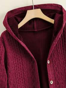 Plus Size Solid Color Hooded Coat With Button Detail - Burgundy - View 5