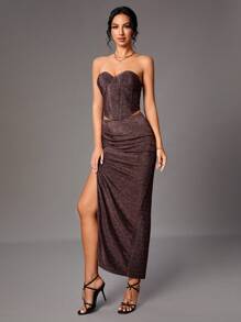 SHEIN Tall 純色露肩上衣裙兩件套 - 棕色 - 查看 5