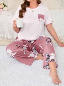 大尺碼花卉印花睡衣套裝 - 粉色 - 查看 1