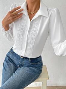 SHEIN Essnce 蕾絲邊修飾長袖襯衫 - 白色 - 查看 7