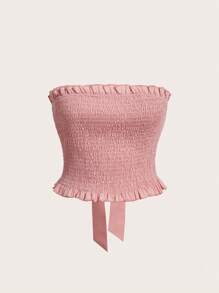 SHEIN MOD Solid Color Wrapped Frilled Hem Bandeau Top - Pink - View 1