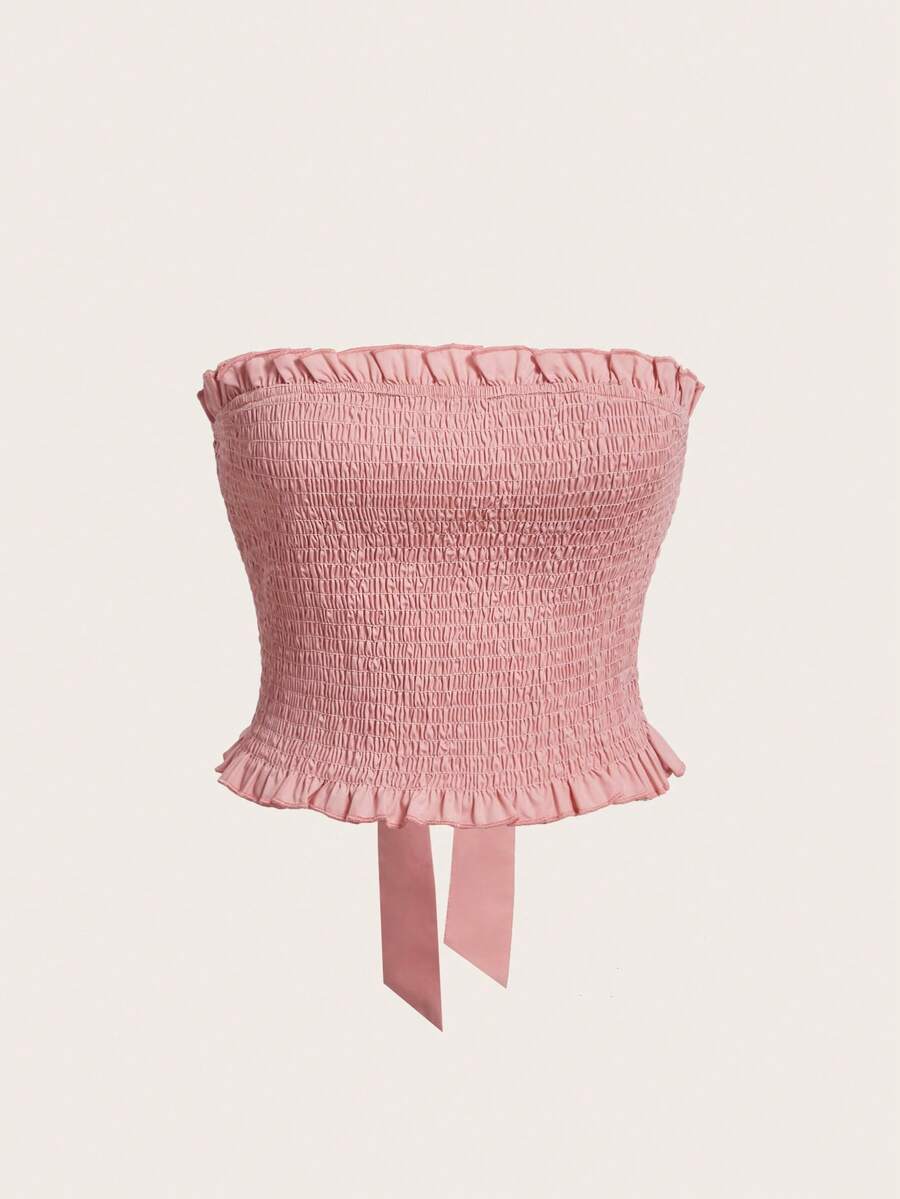 SHEIN MOD Solid Color Wrapped Frilled Hem Bandeau Top - Pink - View 1